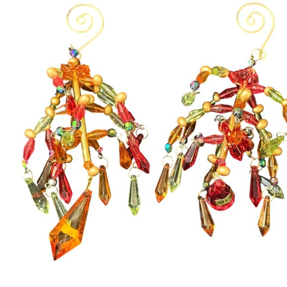 Gold Wire & Multicolor Beaded Chandelier Ornaments  Pair Festive - Picture 1 of 7